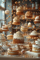An array of delicious desserts, including cupcakes, macarons, and cakes, are suspended in mid-air with sprinkles and confetti flying around them