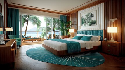 Stylish bedroom featuring tropical decor, large windows with ocean view, and modern furnishings in warm wooden tones.