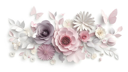 A beautiful arrangement of paper flowers in various shades of pink, purple, and white, with butterflies fluttering around them on a light gray background.