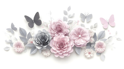 Fototapeta premium A beautiful arrangement of paper flowers in various shades of pink, gray, and white, with butterflies fluttering around them on a light gray background.