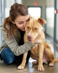 Young woman comforting a sad dog in an animal shelter, showcasing a moment of compassion and empathy between human and animal.
