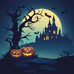 Fototapeta premium Halloween pumpkins and dark castle on Moon background Lantern and spooky tree and owl