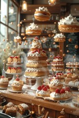 A close-up view of a bakery counter filled with delicious desserts, including cupcakes, cakes, and pastries. Some desserts are floating in mid-air, creating a whimsical and magical atmosphere
