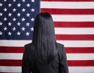Woman in formal attire facing the American flag, symbolizing the potential for a female president in the 2024 presidential election, appealing to suburban women voters.