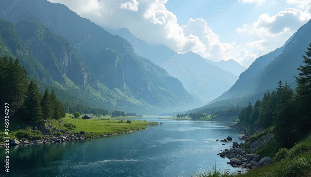 Wall mural Tranquil mountain lake under a clear sky