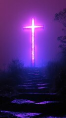 Naklejka premium A wooden cross stands on a hill, surrounded by vivid purple and blue colors that evoke feelings of hope and sacrificial love during the tranquil evening sky