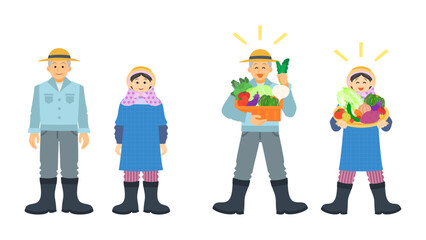農家のお爺さんとお婆さん。フラットなベクターイラストセット。
Elderly farmer man and woman. Flat vector illustration set.