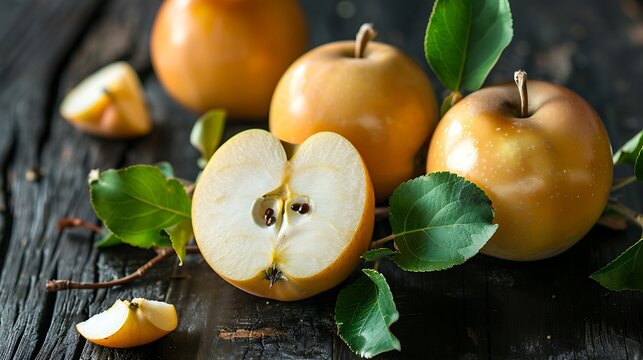 A close up view of several wax apples on a dark wooden surface showing some halved to expose the white, juicy interior and complemented by green leaves for visual appeal