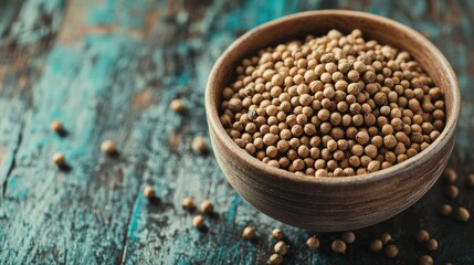 Close-up of coriander seeds in a simple bowl, placed on a wooden table. A natural, rustic setup ideal for food and ingredient-focused designs.