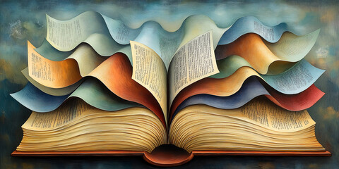Abstract painting of an open book with colorful, flowing pages symbolizing imagination