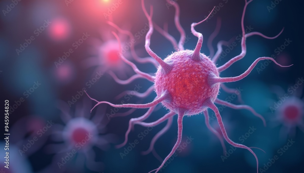 Poster microscopic view of a virus particle with long tentacles