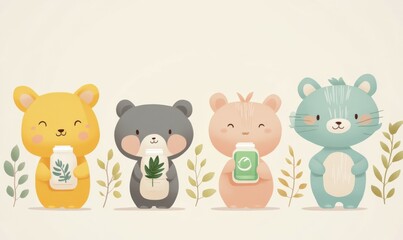 Naklejka premium Cute animals holding eco-friendly products in pastel shades while promoting sustainability in a cheerful setting.