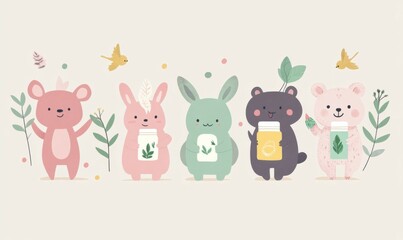 Obraz premium Cute animals holding eco-friendly products in pastel shades while promoting sustainability in a cheerful setting.