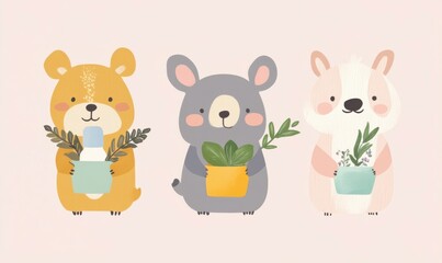 Naklejka premium Cute animals holding eco-friendly products in pastel shades while promoting sustainability in a cheerful setting.