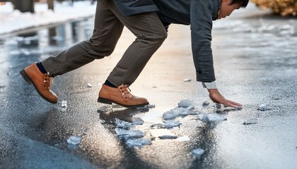 A man in a business suit slipping on an icy road sidewalk in the winter weather freezing temperatures.