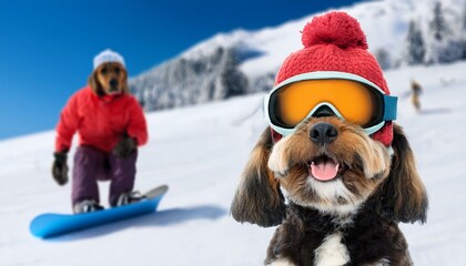 Cute funny animal illustration of happy puppy dog in ski goggles and snow hat beanie smiling on a mountain snowboarding.