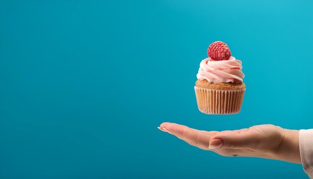 A hand catching a cupcake with pink frosting and a berry. Birthday celebration or bakery business concept.