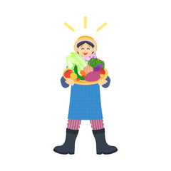 収穫した野菜を抱えるお婆さん。フラットなベクターイラスト。
Elderly woman holding harvested vegetables.