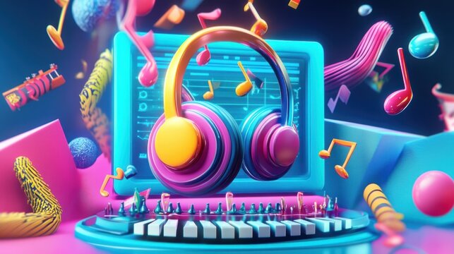 A colorful image of a guitar with a keyboard and headphones on top of it