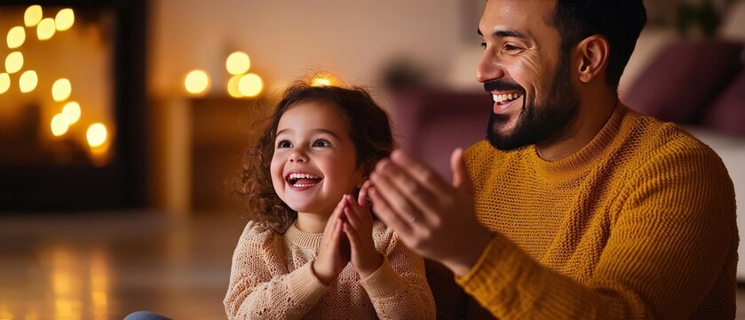 A joyful father and daughter share laughter and claps together in a cozy living room, celebrating a special family moment.