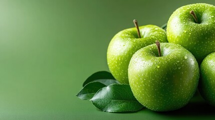 Close-up of green apples on a smooth background, isolated with abstract elements and copy space for text. Organic and healthy.