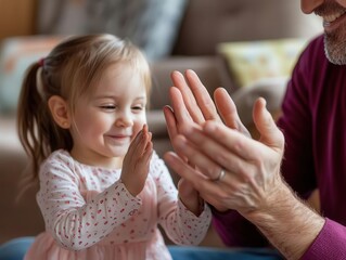 A joyful child and grandparent playfully clapping hands, sharing a moment of laughter and connection in a cozy indoor setting.