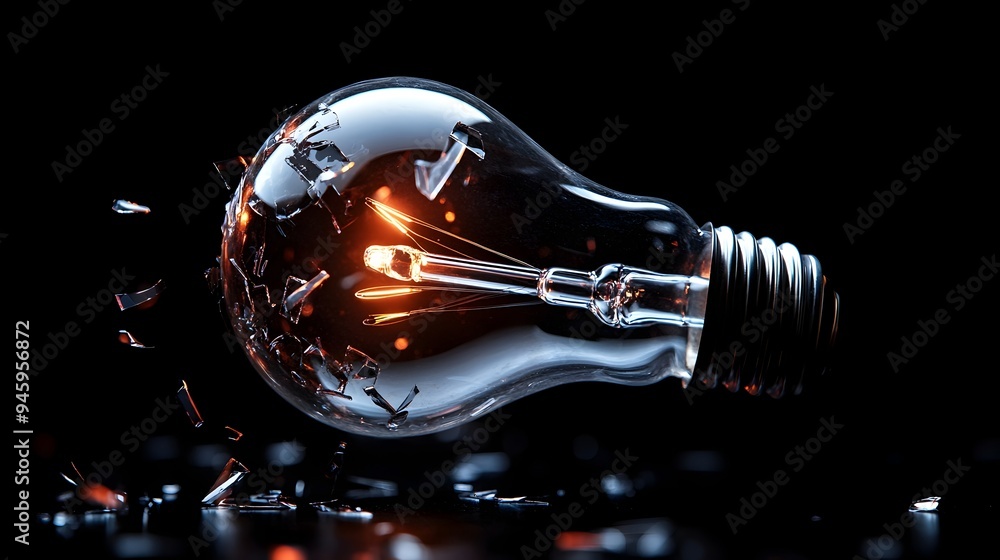 Poster a conceptual image depicting the shattered remains of a light bulb with the glowing glass shards cre