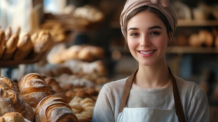 Obraz premium Close-up portrait of a beautiful female baker, her smile warm and inviting as she stands in her bakery shop, filled with fresh bread and pastries