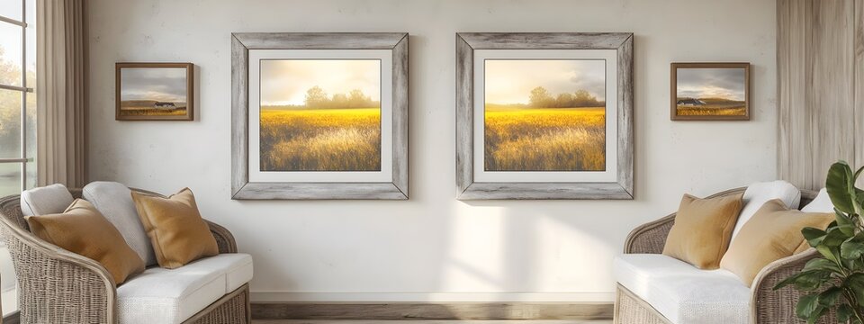 3D mockup of a weathered wood picture frame with natural fiber matting in a warm cozy farmhouse style living room interior  The scene features a golden glow and serene countryside ambiance