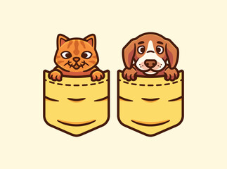 Cat and dog in the pocket. Cute cartoon animal vector illustration for t-shirt design