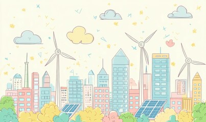 A vibrant eco-friendly cityscape featuring wind turbines and solar panels under a pastel sunset, showcasing a sustainable future with green energy solutions.