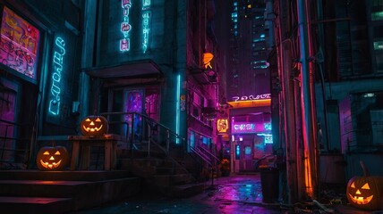 A neonlit cityscape with Halloween Decor with Jack-O-Lanterns in a Haunted House Setting