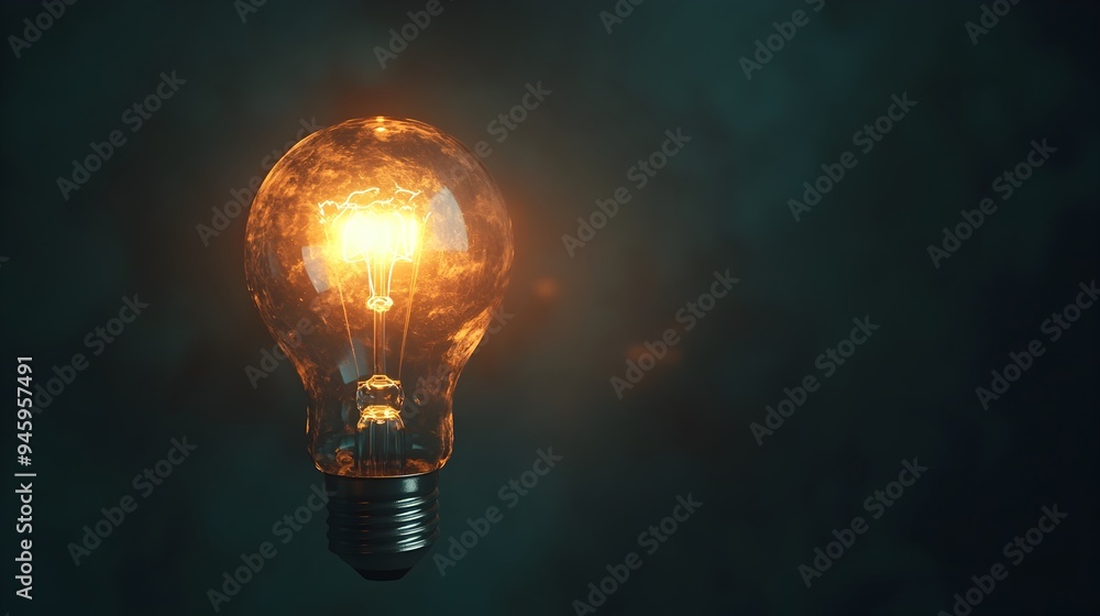 Poster conceptual image of a light bulb surrounded by darkness emitting a soft warm glow with ample copy sp