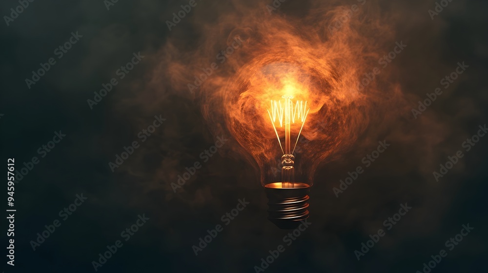 Poster conceptual image of a light bulb surrounded by darkness emitting a soft warm glow with ample copy sp
