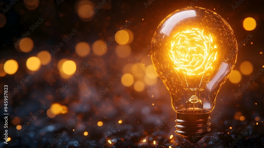 Poster conceptual image of a light bulb with an abstract glowing design inside providing copyspace for idea