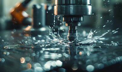 CNC machining centre drilling steel and using metal working fluid as coolant. 