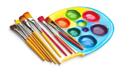 Naklejka premium A vibrant artist palette with brushes showcasing bright colors, perfect for creative painting projects and artistic inspiration.