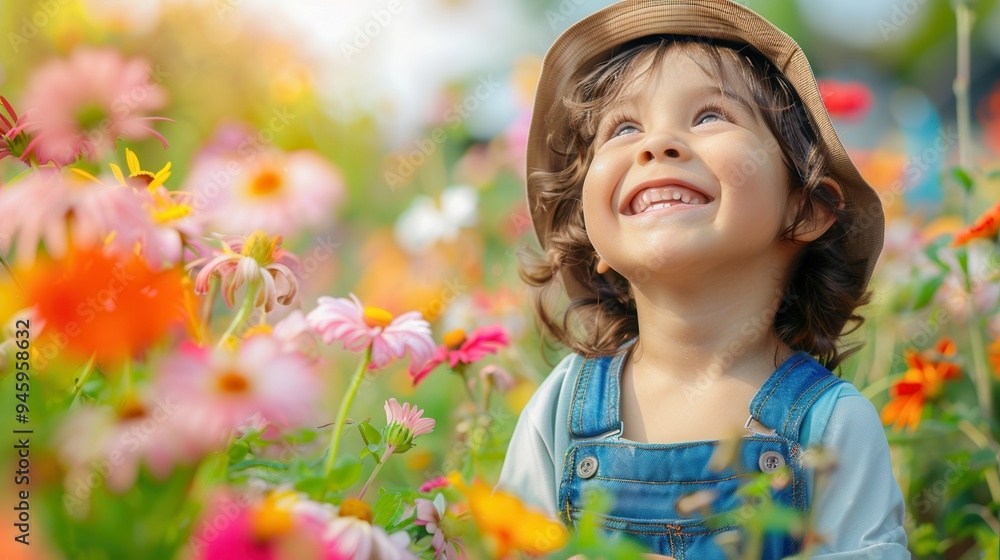 Poster a happy child in a straw hat smiles brightly while surrounded by a variety of colorful flowers in a 