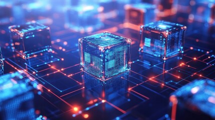 A computer chip is shown in a blue and orange color scheme