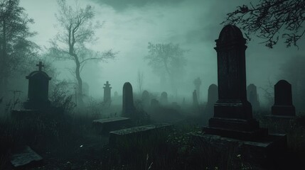 A foggy graveyard at night, with old, weathered tombstones, creeping fog, and a ghostly figure in the distance.