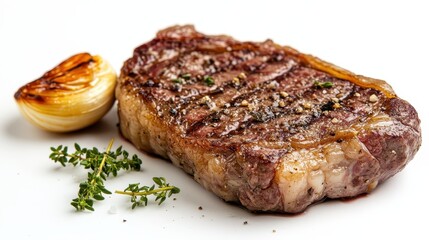 A perfectly grilled steak served with a charred onion and fresh herbs.