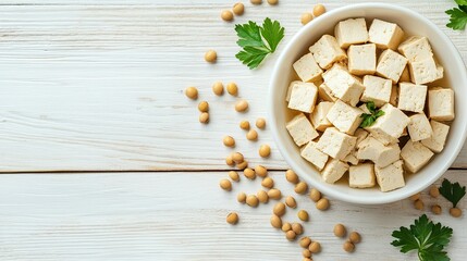 Delicious tofu cubes with soybeans on a white wooden table, designed with text space for a banner.