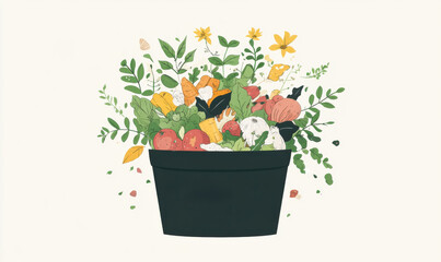 A minimalistic illustration of composting showing food waste and green leaves in a centered composition highlighting sustainable practices.