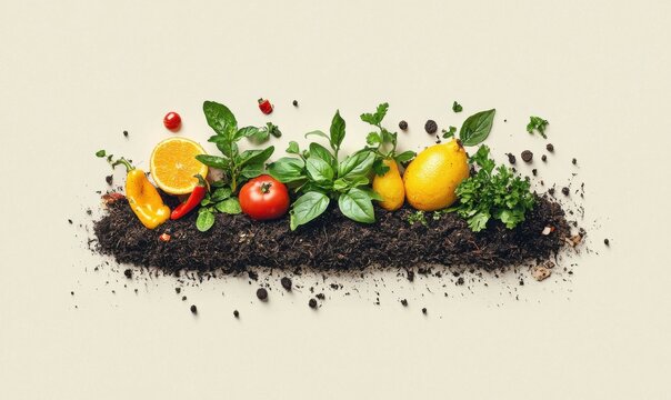 A minimalistic illustration of composting showing food waste and green leaves in a centered composition highlighting sustainable practices.