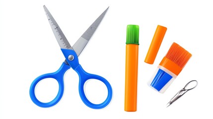Colorful stationery items including scissors, markers, and glue, perfect for creative projects and school supplies.