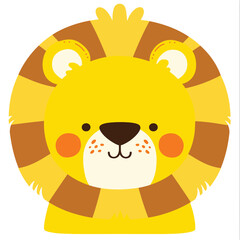 A cute cartoon lion head with simple flat illustration style for vector graphic logo design isolated on a white background