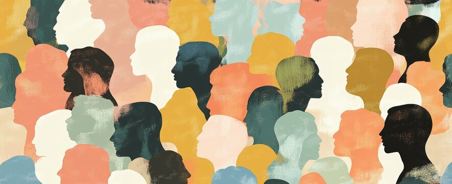 In this vibrant and colorful illustration, a variety of diverse faces are placed in geometric patterns, each with its head in stock