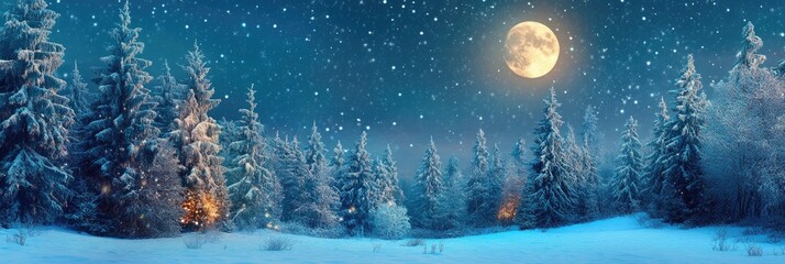 Naklejka premium Christmas background with a snowy forest scene and a bright full moon