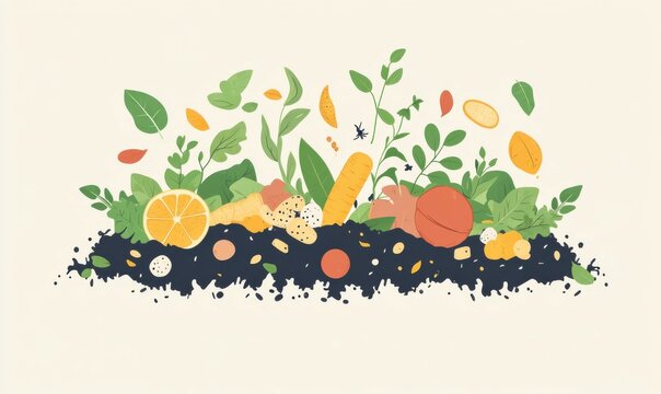 A minimalistic illustration of composting showing food waste and green leaves in a centered composition highlighting sustainable practices.