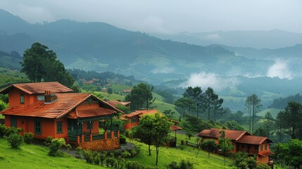 Rustic Homes Nestled in a Mountainous Landscape With Foggy Hills